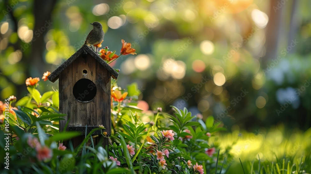 A small birdhouse with a sparrow perched nearby, set in a sunlit garden surrounded by flowers and greenery A small birdhouse with a sparrow perched nearby, set in a sunlit garden surrounded by flowers and greenery