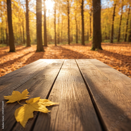 Rustic Wooden Table Close-Up in a Golden Autumn Forest, Featuring Warm, Soft Sunlight and Natural Wood Grain in High-Resolution with Serene Depth of Field Effect