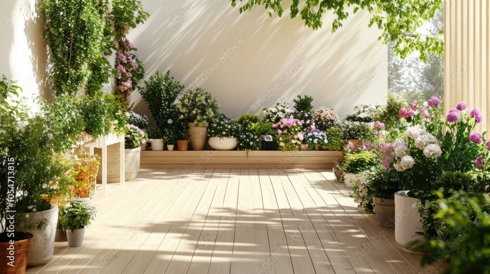 A large terrace with light wood flooring, decorated with an array of plants and flowers A large terrace with light wood flooring, decorated with an array of plants and flowers
