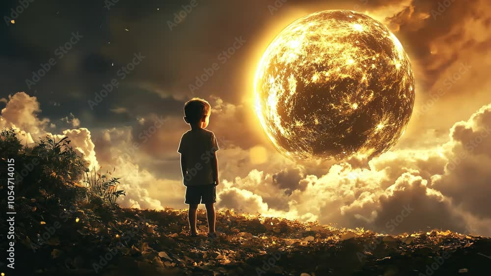 A young boy stands on a hill and stares up at a giant, glowing moon in the night sky A young boy stands on a hill and stares up at a giant, glowing moon in the night sky
