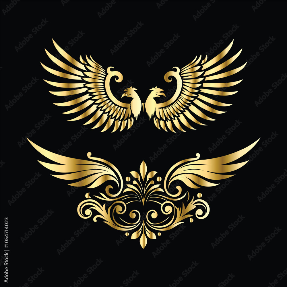 Obraz premium Royal Gold Wing Frames: Iconic Angel and Bird Wings in Decorative Silhouettes 