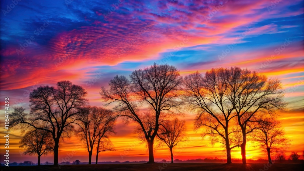 Silhouette of bare trees against a colorful sunrise sky , nature, scenery, landscape, winter, branches, tranquil Silhouette of bare trees against a colorful sunrise sky , nature, scenery, landscape, winter, branches, tranquil