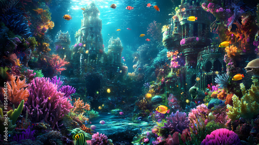 Fototapeta premium A captivating illustration of an underwater kingdom with coral castles, glowing marine plants, and schools of colorful fish swimming around. Underwater Kingdom. Illustration