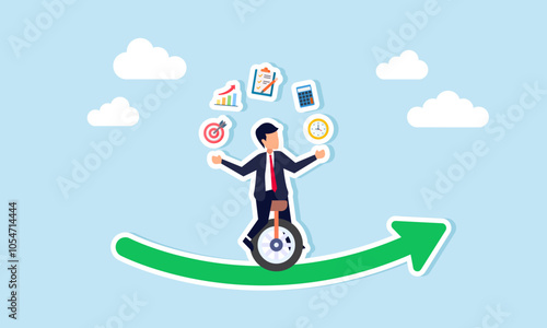 A businessman riding a unicycle on an upward green curve graph, juggling business management items, illustration of maintaining team management stability and efficiency