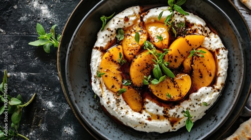 A refined dish of whipped ricotta with golden roasted peaches, served with pitta slices,