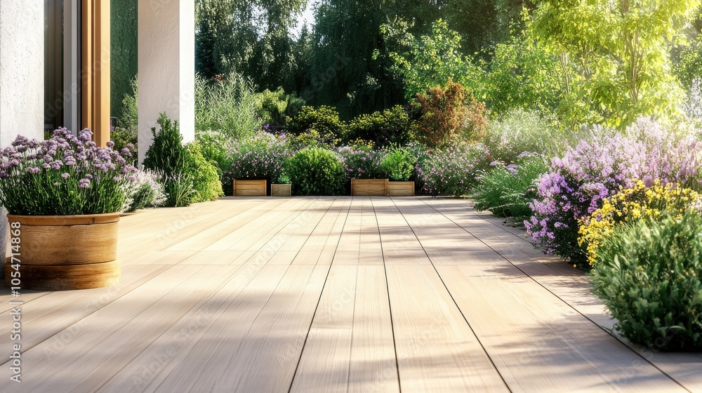 A spacious light-wood terrace, with green plants and flowers decorating the side wall, A spacious light-wood terrace, with green plants and flowers decorating the side wall,