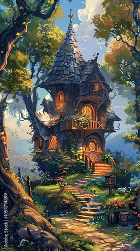 Enchanted Cottage in a Lush Forest: A Whimsical Fantasy Illustration