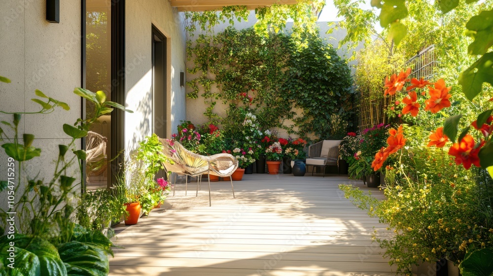 Fototapeta premium A stylish terrace with pale wooden flooring, surrounded by green plants and vibrant flowers