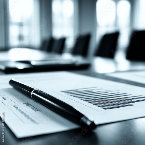 A close-up of documents and a pen on a conference table.