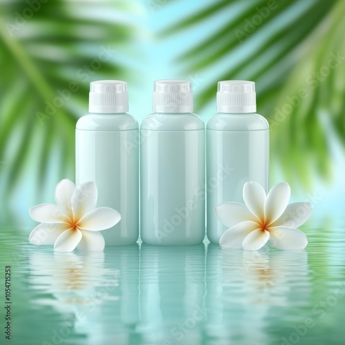 Three light blue bottles surrounded by tropical flowers and foliage.