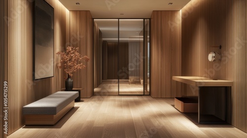 A stylish wooden entrance hallway with modern decor, including a cozy desk, a sleek stand,