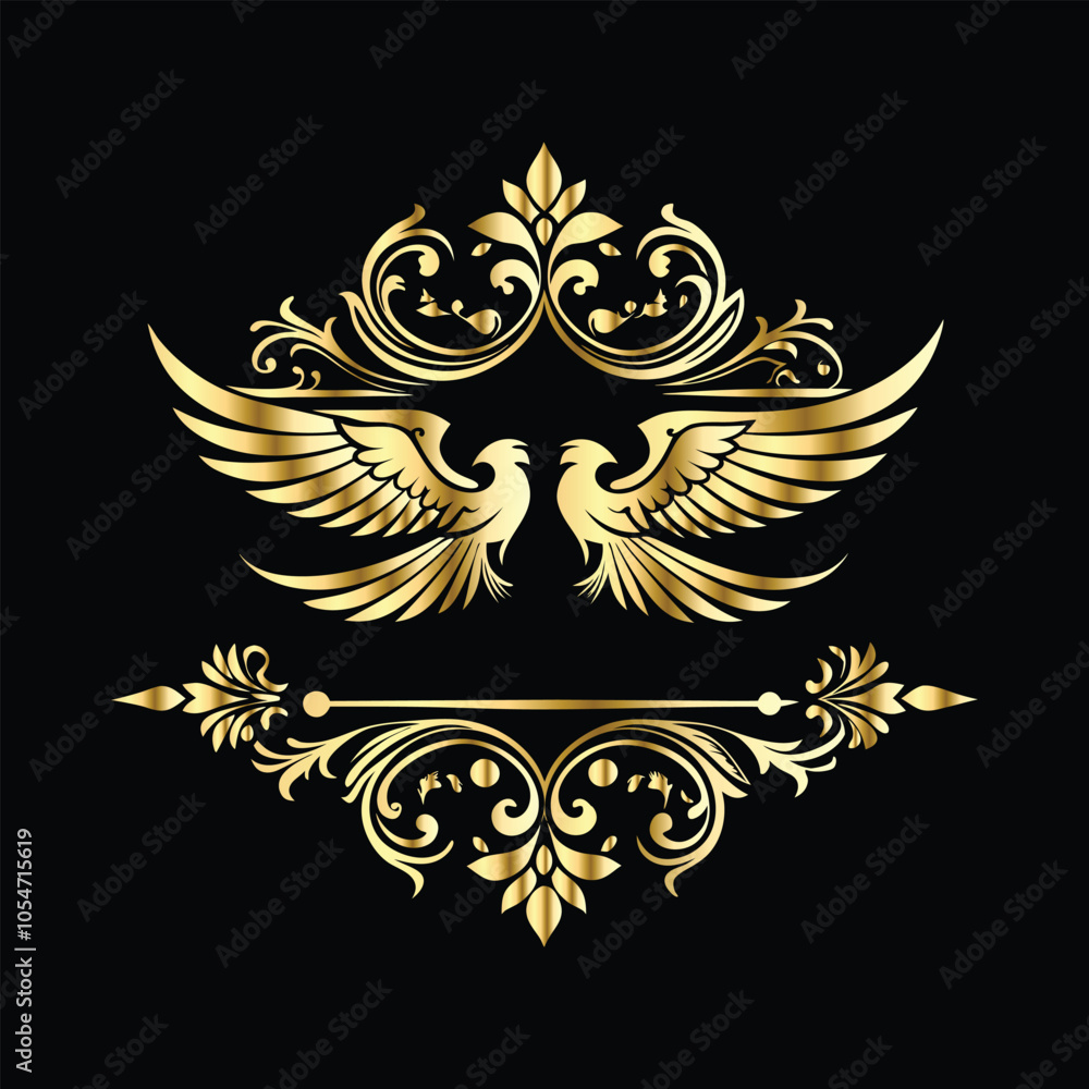 Fototapeta premium Royal Gold Wing Frames: Iconic Angel and Bird Wings in Decorative Silhouettes 