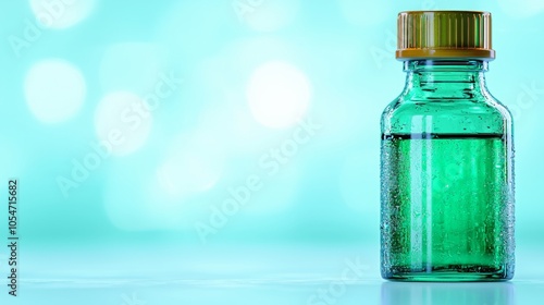 Glass bottle with liquid and yellow lid on a blue background.