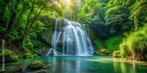 Serene waterfall cascading in lush forest setting, waterfall, forest, nature, serene, cascading, flow, tranquil, greenery, trees