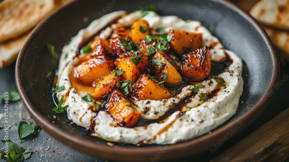 An appetizing dish of whipped ricotta topped with sweet roasted peaches and served with An appetizing dish of whipped ricotta topped with sweet roasted peaches and served with