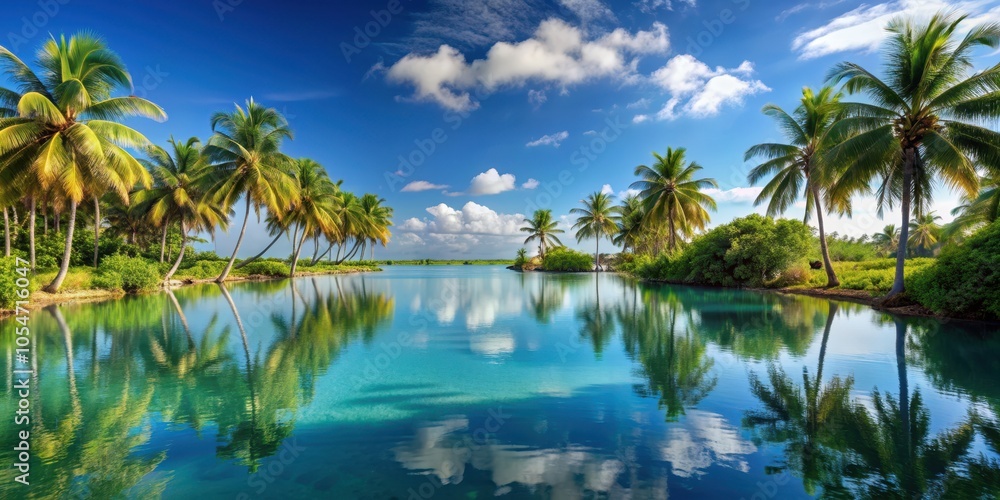 Tranquil lagoon surrounded by swaying palm trees, lagoon, tranquil, peaceful, palm trees, tropical, serene, oasis, paradise, water Tranquil lagoon surrounded by swaying palm trees, lagoon, tranquil, peaceful, palm trees, tropical, serene, oasis, paradise, water