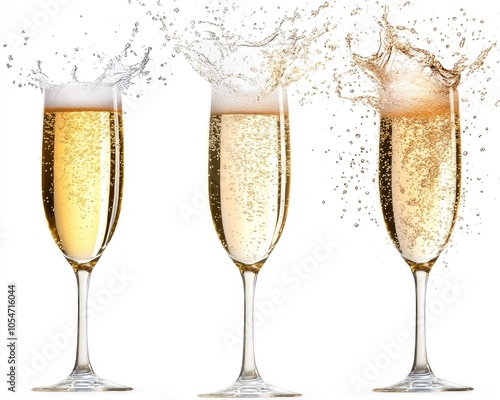 Three champagne flutes filled to the brim with bubbly champagne, with splashes of champagne erupting from the top of each glass.