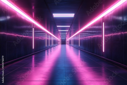 Long, dark corridor with pink and blue neon lights on the walls and floor.