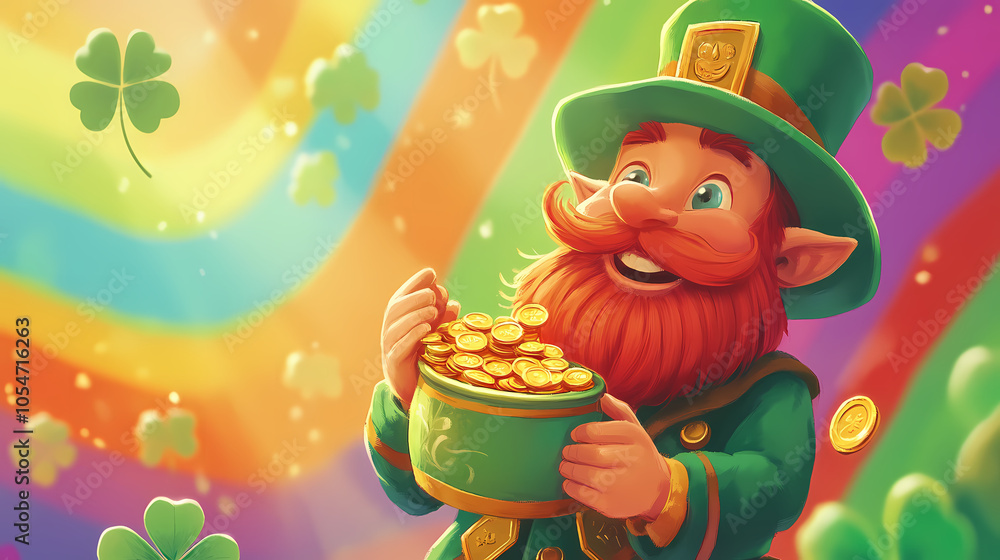 A fairy-tale leprechaun with a red beard in a green suit holding a pot of gold coins against a background of rainbow stripes and green clover leaves. Leprechaun Treasure. Illustration A fairy-tale leprechaun with a red beard in a green suit holding a pot of gold coins against a background of rainbow stripes and green clover leaves. Leprechaun Treasure. Illustration