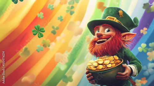 A fairy-tale leprechaun with a red beard in a green suit holding a pot of gold coins against a background of rainbow stripes and green clover leaves. Leprechaun Treasure. Illustration