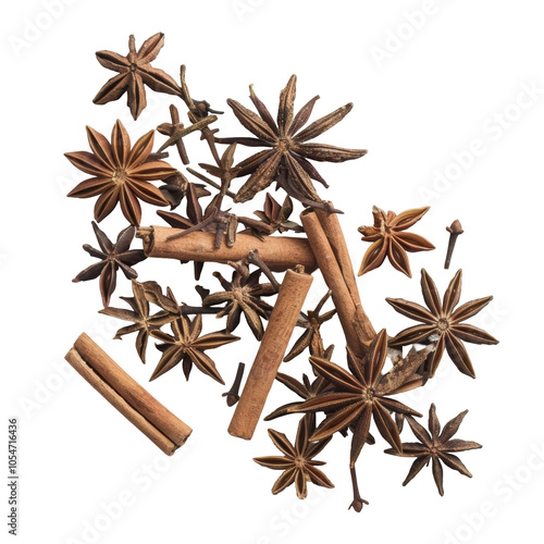 A stunning display of whole star anises and cinnamon sticks, carefully arranged for aesthetic appeal, ideal for food photography and holiday themes. photo