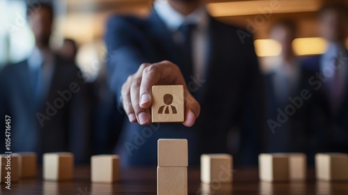 Businessman holds a wooden block in his hands. The concept of personnel selection and management within the team. Dismissal and hiring people to work. Human Resource Management. Leader selection. 