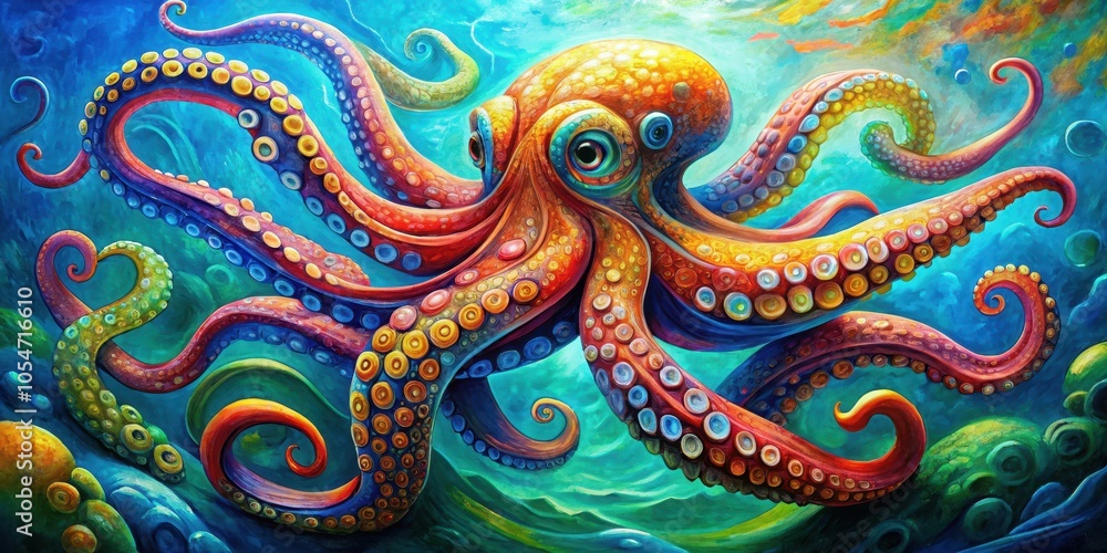 Vibrant oil painting featuring a creative cubism design of a colorful octopus swimming, Cubism, Oil painting Vibrant oil painting featuring a creative cubism design of a colorful octopus swimming, Cubism, Oil painting
