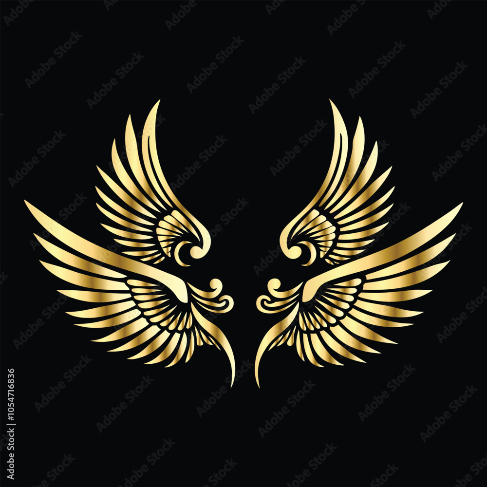 Fototapeta premium Royal Gold Wing Collection: Vintage Angel, Bird & Cupid Wing Icons in Decorative Black & Gold Frames, Perfect for Elegant Logos, Icon Sets, and Ornamental Designs 