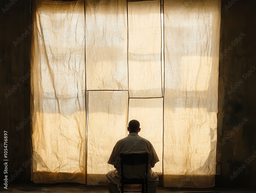 Fototapeta premium A solitary figure sits in a dimly lit space, facing a large window covered with sheer fabric, evoking feelings of introspection and confinement.