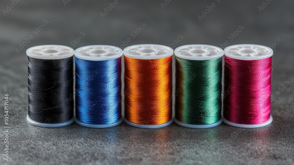 A vibrant collection of five spools of thread in black, blue, orange, green, and pink arranged neatly on a textured surface. A vibrant collection of five spools of thread in black, blue, orange, green, and pink arranged neatly on a textured surface.