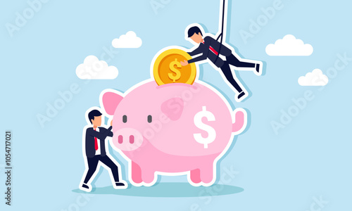 A businessman holding a piggy bank while another hangs inserting dollar coins into it, illustration of teamwork in making business investments