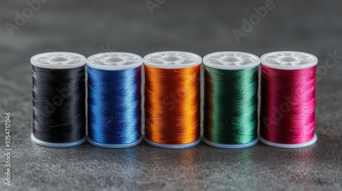 A vibrant collection of five spools of thread in black, blue, orange, green, and pink arranged neatly on a textured surface.