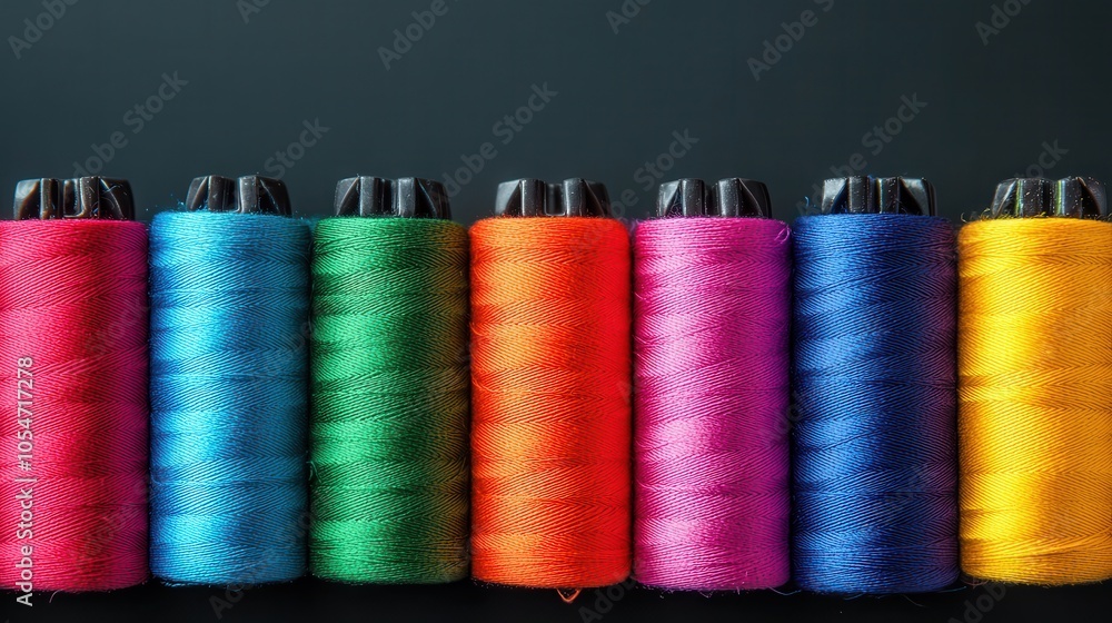 A vibrant array of colorful sewing threads displayed in spools against a dark background, showcasing various hues and textures. A vibrant array of colorful sewing threads displayed in spools against a dark background, showcasing various hues and textures.