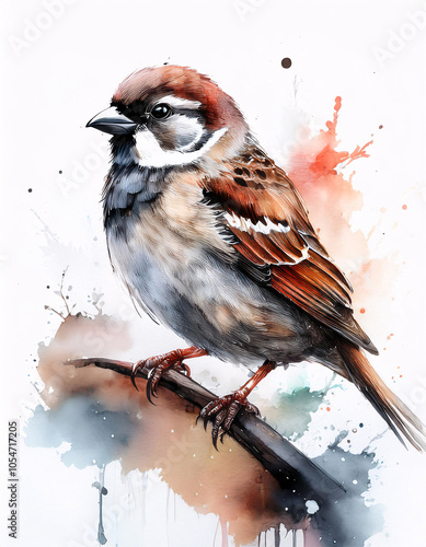 A small brown sparrow perched on a branch with a watercolor background photo