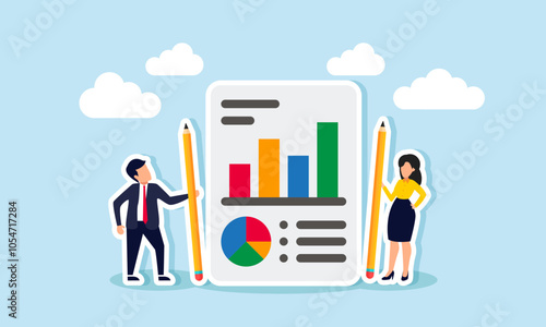 A businessman and businesswoman standing next to a report of statistical data, illustration of compiling evaluation reports and monitoring team business performance