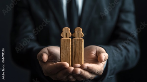 Businessman holds a wooden block in his hands. The concept of personnel selection and management within the team. Dismissal and hiring people to work. Human Resource Management. Leader selection. 