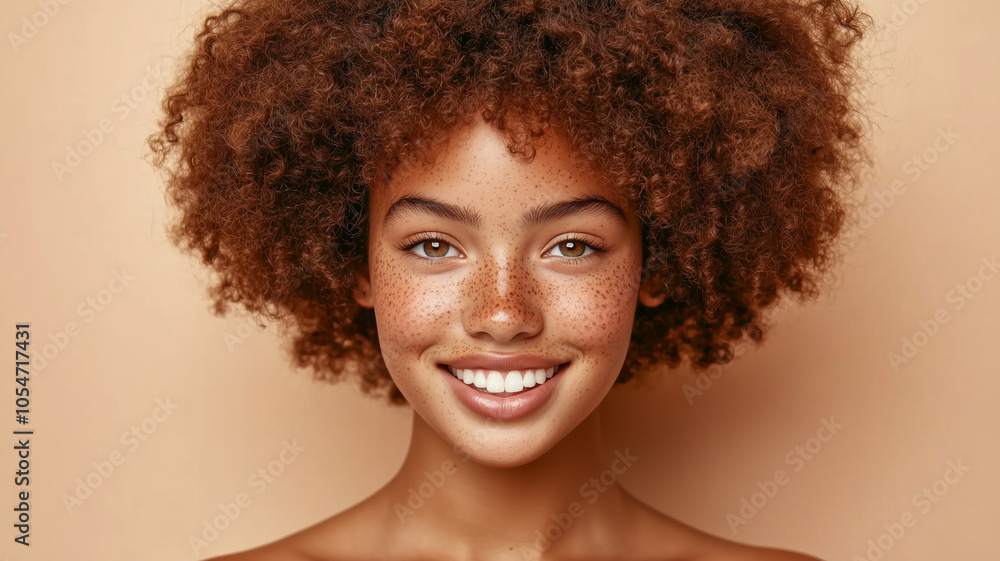 Young melanated woman with curly hair and freckles looking confidently at the camera
Young melanated woman with curly hair and freckles looking confidently at the camera