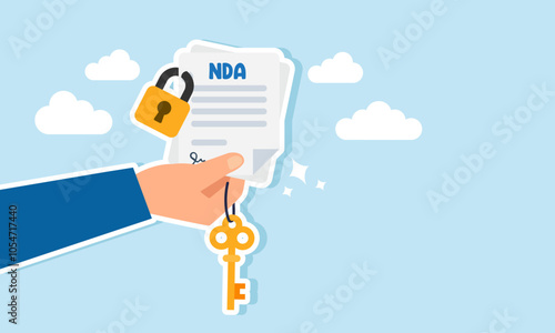A hand holding an NDA agreement paper locked with a key, illustration of the solution for collaboration agreements requiring data confidentiality
