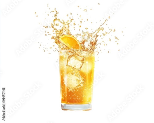 A refreshing glass of orange soda with ice cubes, splashing and creating a bubbly effect.