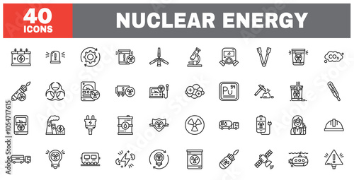 Set of 40 line icons nuclear energy. Outline icon collection. Editable stroke. Vector illustration.