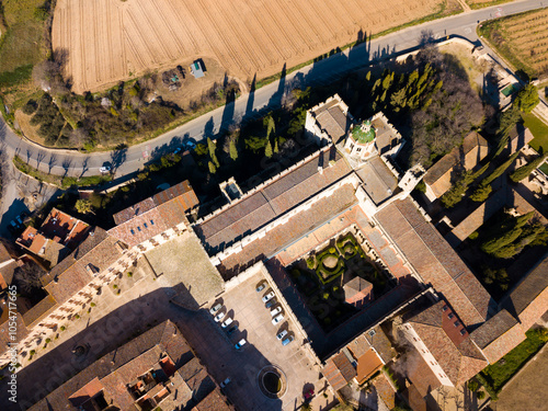 View from drone of Monastery of Santa Maria de Santes Creus, Spain photo