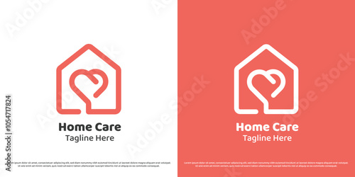 Home care logo design illustration. Linear silhouette house love heart embrace interior city residential house building help estate. Simple minimal warm gentle soft geometric icon symbol.
