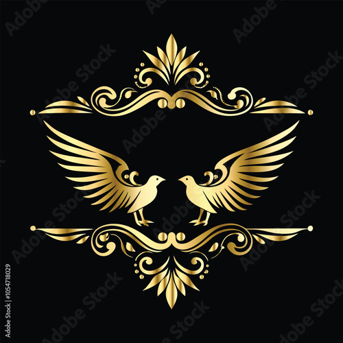 Royal Gold Wing Collection: Vintage Angel, Bird & Cupid Wing Icons in Decorative Black & Gold Frames, Perfect for Elegant Logos, Icon Sets, and Ornamental Designs 