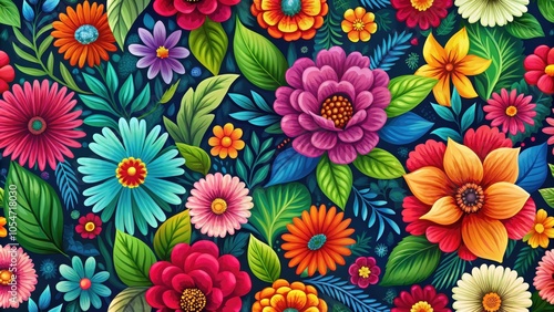 Seamless floral background featuring vibrant flowers and leaves, floral, seamless, pattern, background, colorful, texture, design