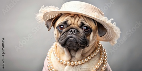 Cute pug dressed in a ladylike attire with a hat and pearls, pug, dog, pet, cute, lady, fashion, stylish, costume, dressed up