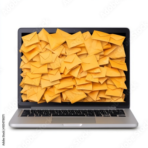 A laptop overflowing with yellow envelopes, symbolizing an inbox full of emails.