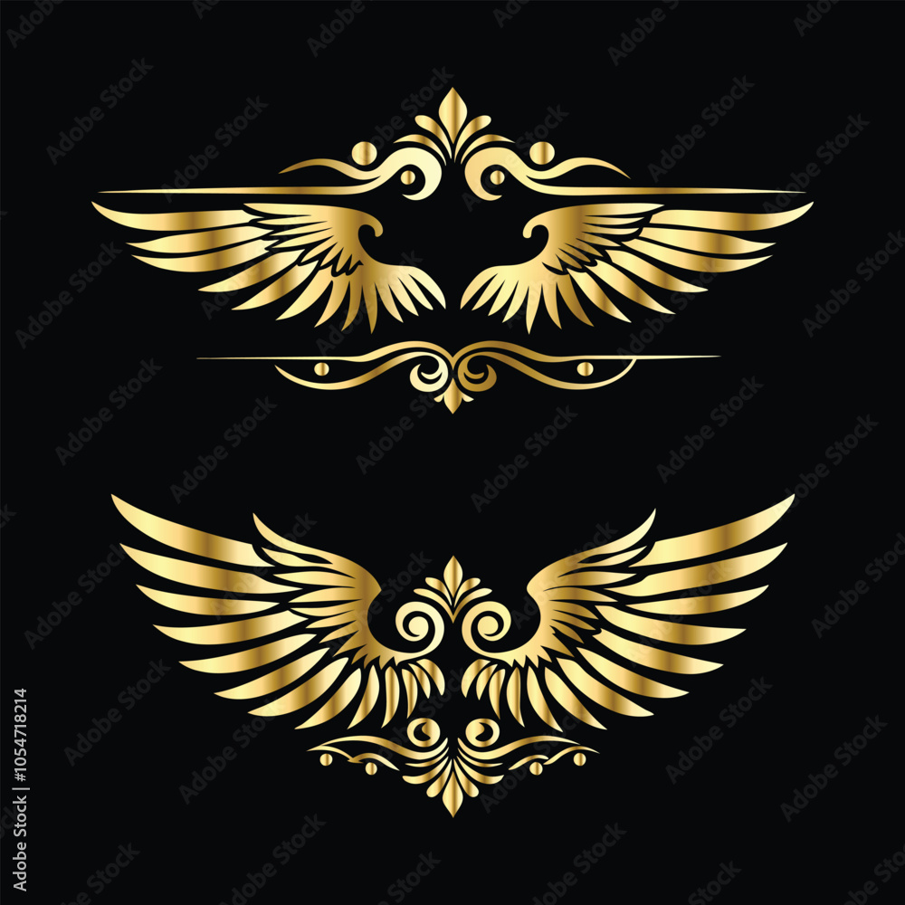 Fototapeta premium Royal Gold Wing Collection: Vintage Angel, Bird & Cupid Wing Icons in Decorative Black & Gold Frames, Perfect for Elegant Logos, Icon Sets, and Ornamental Designs 