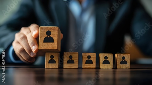 Businessman holds a wooden block in his hands. The concept of personnel selection and management within the team. Dismissal and hiring people to work. Human Resource Management. Leader selection. 