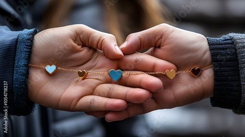 Closeup image of intertwined hands wearing heart shaped bracelets representing the love commitment and bond between a couple
