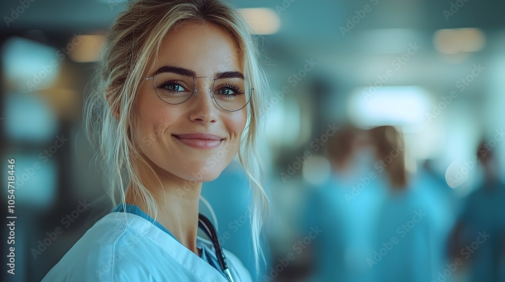 Fototapeta premium A team of healthcare professionals including doctors nurses and administrators working together in a state of the art hospital setting to provide care and services on National Public Health Day